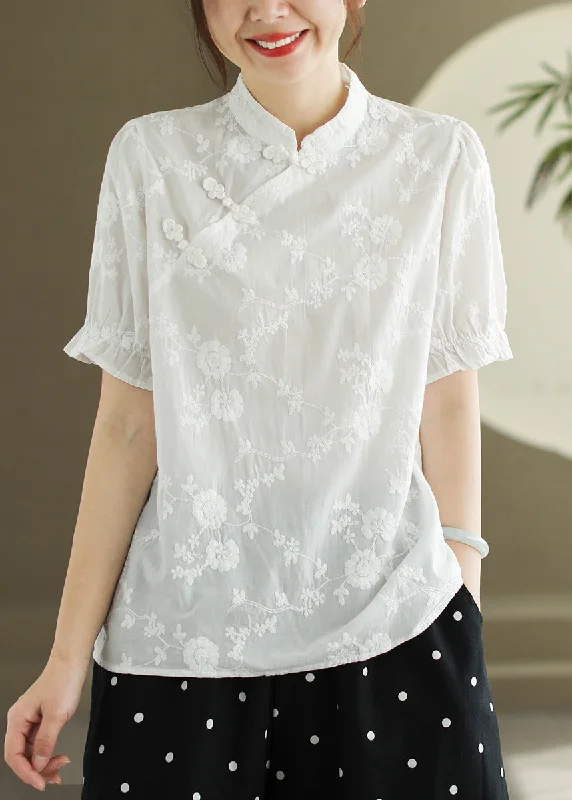 New White Embroidered Button Cotton Blouse SummerZippered Shirts