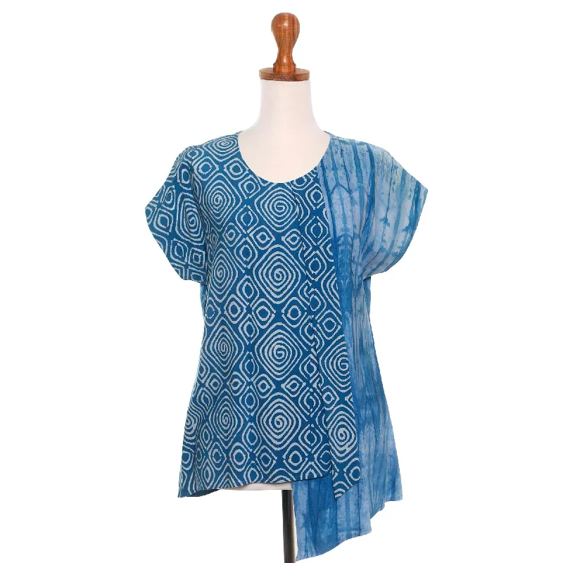 Novica Handmade Asymmetric Ocean Hand-Stamped Cotton BlouseTasseled Shirts