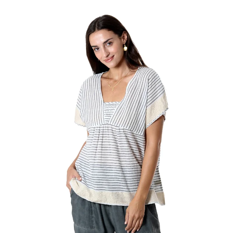 Novica Handmade Breezy Stripes Hand Woven Cotton BlouseTravel Shirts