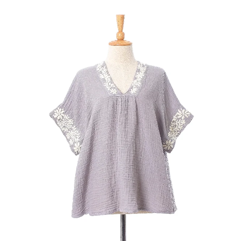 Novica Handmade Classic Bloom In Ash Cotton BlousePolyester Shirts