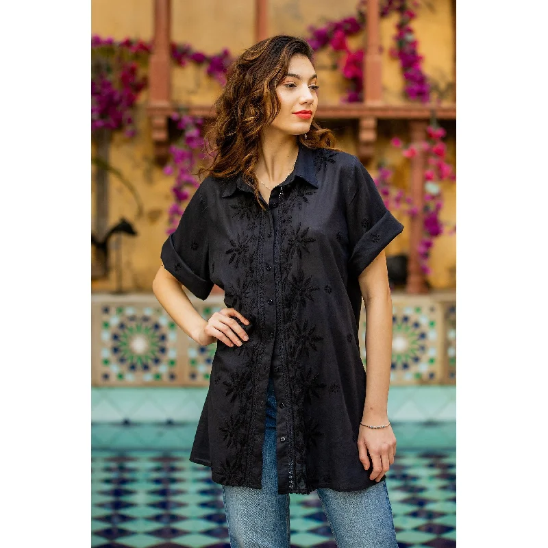 Novica Handmade Festive Black Embroidered Cotton BlousePolka Dot Shirts