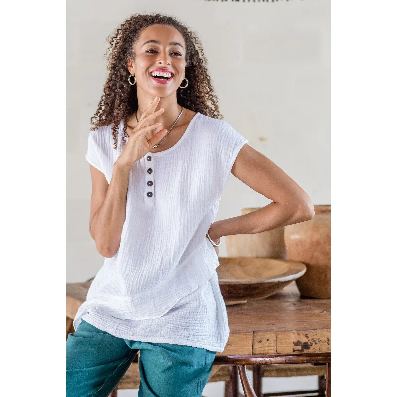 Novica Handmade Fresh Air In White Cotton BlouseRayon Shirts