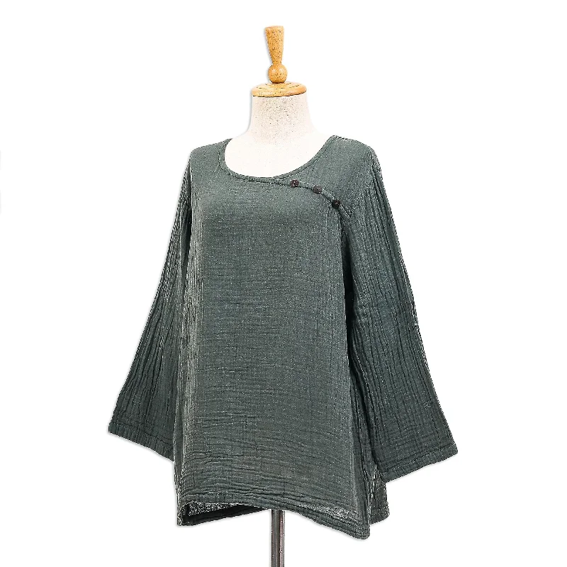 Novica Handmade Modern Look In Grey Cotton BlouseMesh Shirts