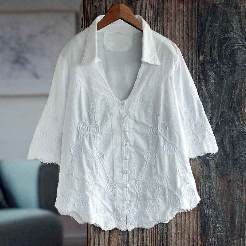 Novica Handmade Purely Feminine In White Cotton BlouseGym Shirts