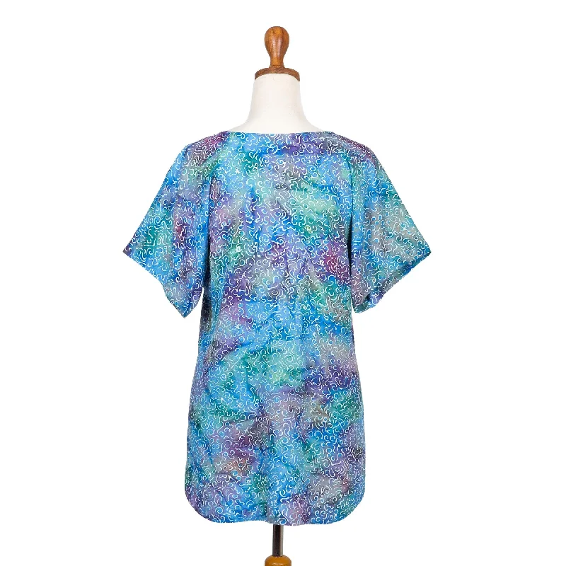 Novica Handmade Rainbow Seascape Hi-Low Rayon BlousePrinted Shirts