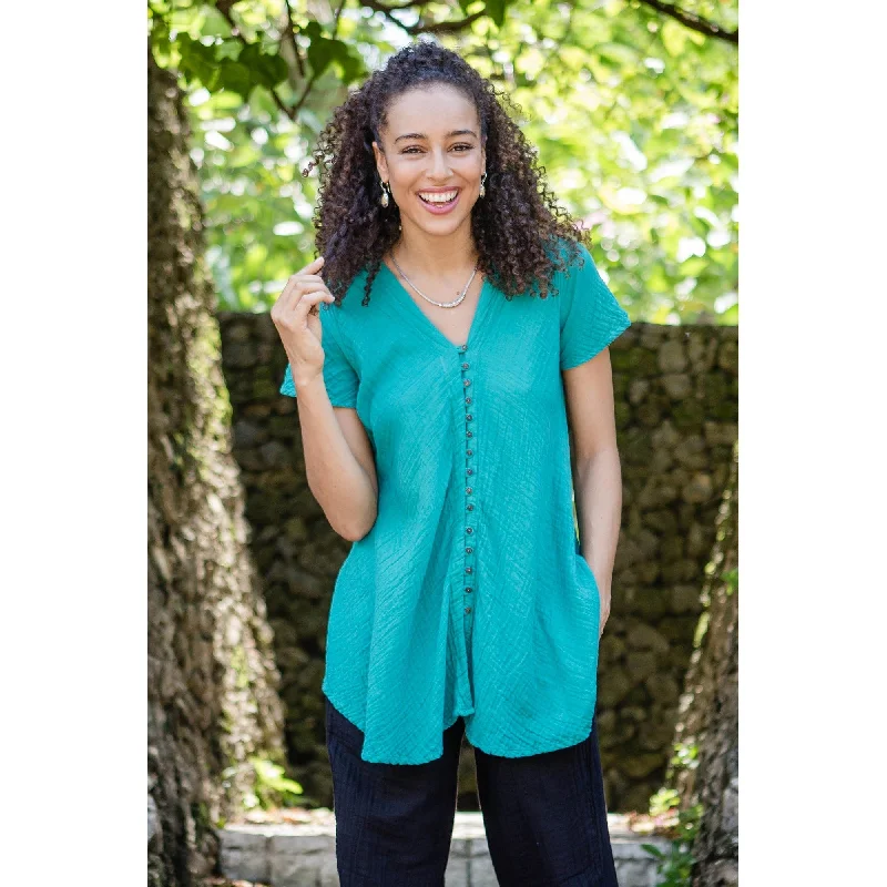 Novica Handmade Sea Green Flair Cotton BlouseWork Shirts