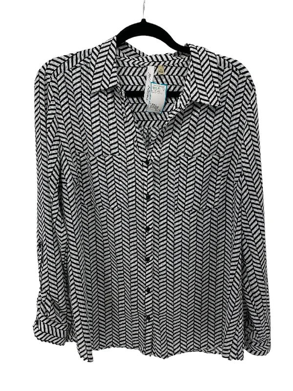 NY Collection Misses Size Large Black White Print LS BlousePeplum Shirts