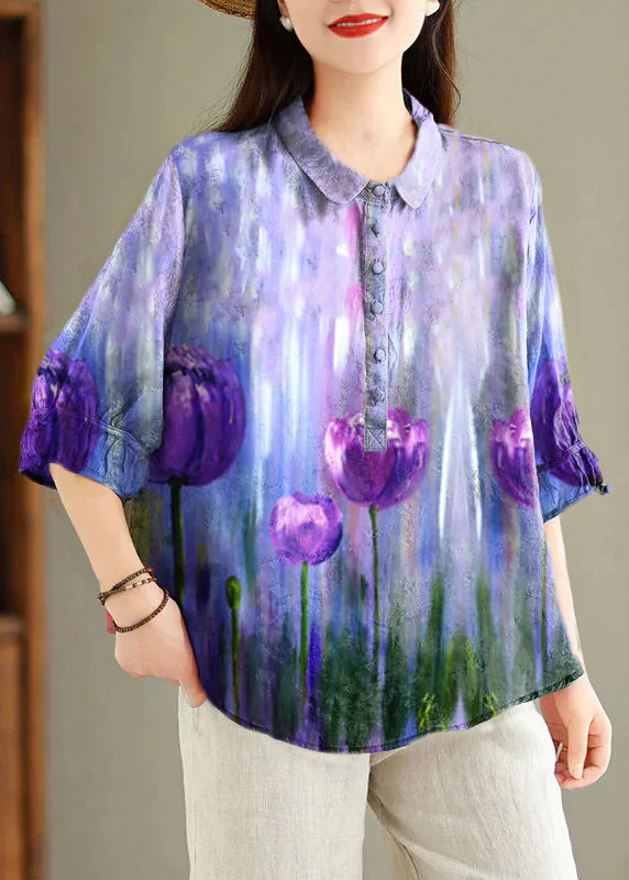 Purple Flowers Button Print Linen Blouses Peter Pan Collar SummerRainproof Shirts