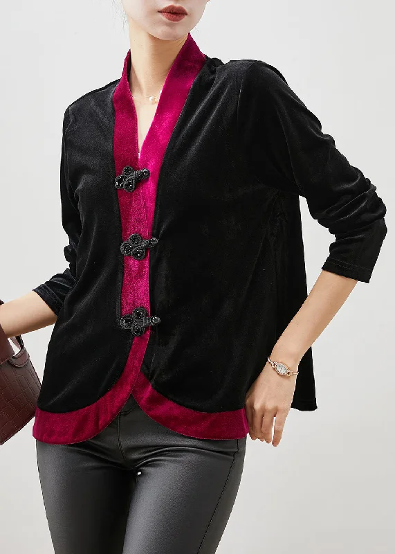 Rose Patchwork Silk Velour Blouse Chinese Button SpringMesh Shirts