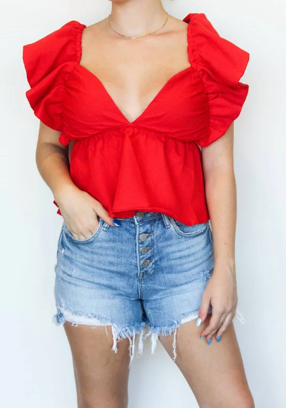 Ruffle Open Back Blouse In RedFlannel Shirts