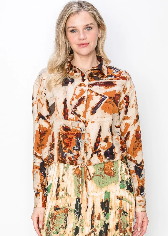 Rust and Beige Abstract BlouseMesh Shirts