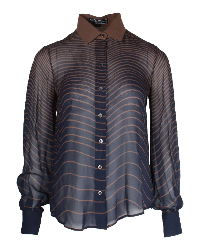 Salvatore Ferragamo Striped Buttoned Blouse in Brown and Blue SilkBamboo Shirts