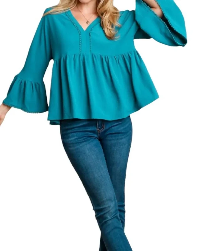 She's A Flirt Bell Sleeve Blouse In TealButton-Down Shirts