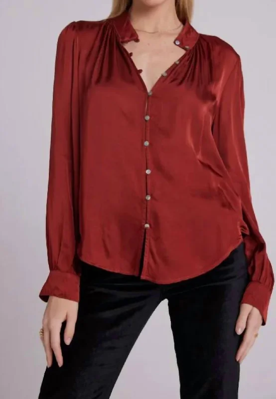 Shirred Button Up Blouse In Warm BrandyLounge Shirts