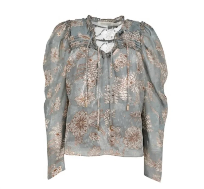 Sydney Blouse With Brown Floral Print In Blue/grayCashmere Shirts