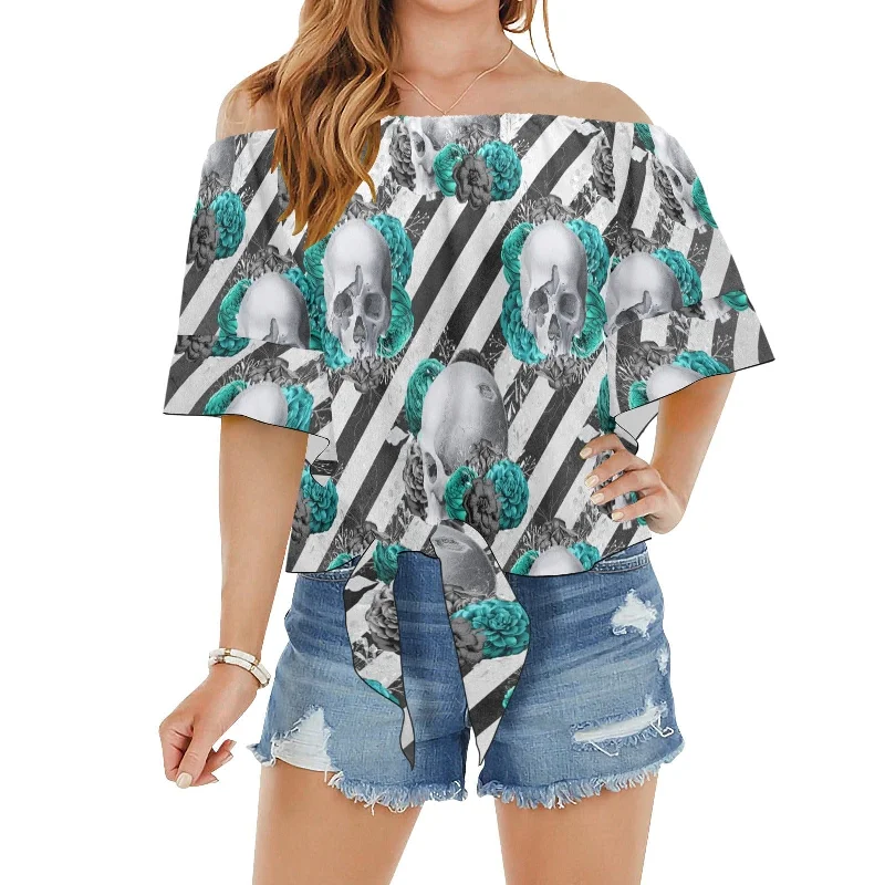 Turquoise Skull Off Shoulder Women's BlouseLounge Shirts