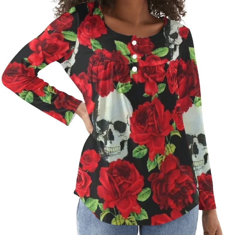 Women's Babydoll Style Skull Red Roses BlouseSleep Shirts