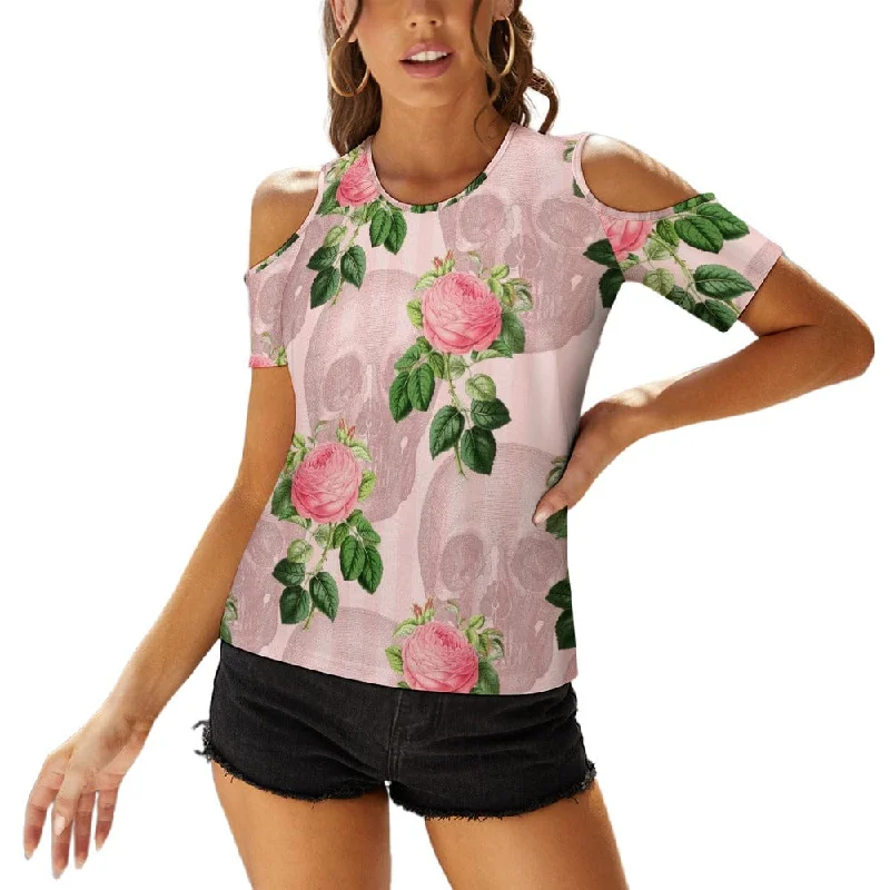 Women's Pink Skull Roses Off Shoulder BlouseMetallic Shirts