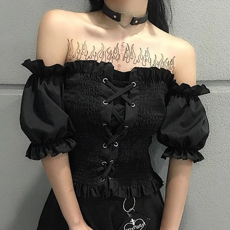 Women's Ruffle Gothic Off Shoulder Lace Up Cross BlouseHunting Shirts