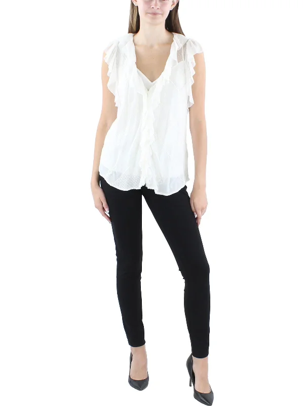 Womens Ruffled Button Front BlouseMesh Shirts