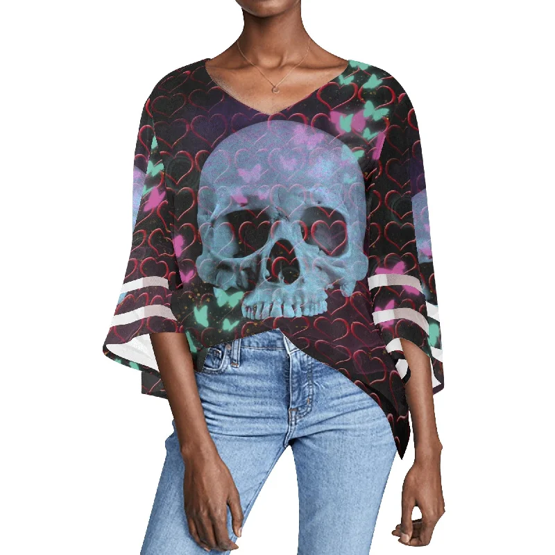 Women's Skull Butterflies Puff Sleeve BlouseWork Shirts