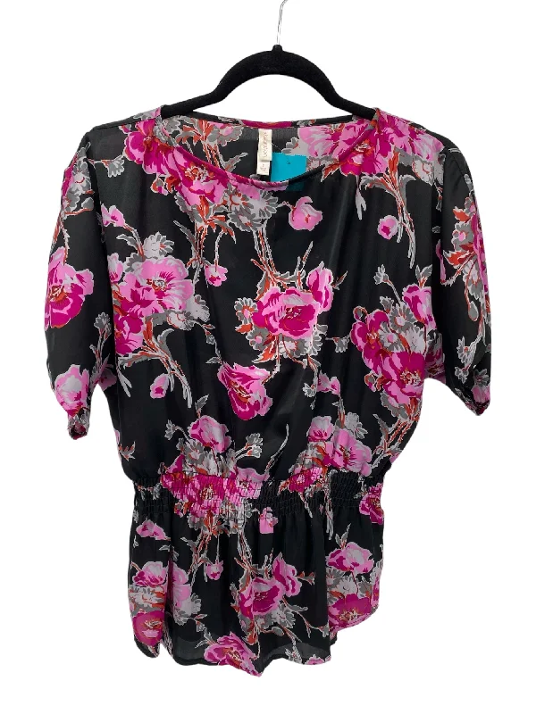 Xhilaration Misses Size Small Black Floral SS BlouseRibbed Cuff Shirts