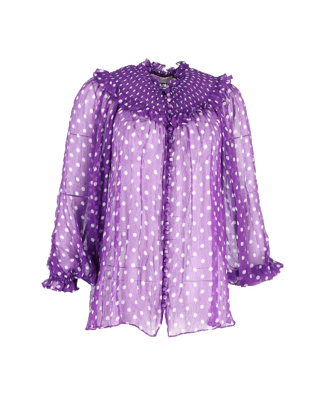 Zimmerman Shirred Polka Dot Blouse in Purple SilkOutdoor Shirts