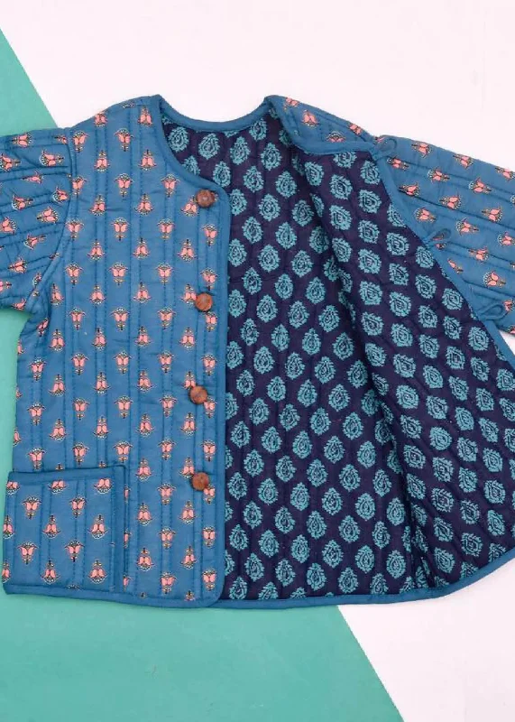 Teal and Blue Quilted 100% Cotton Reversible Full Sleeve Jacket Unisex (0-12 Years)Embellished Jackets