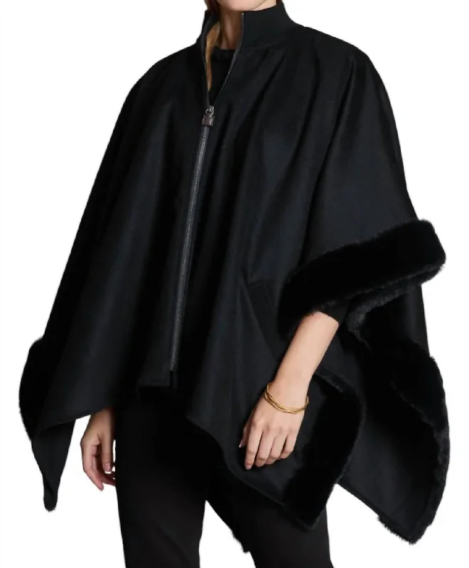 Leslie Fur Zip Cape In BlackFleece Jackets