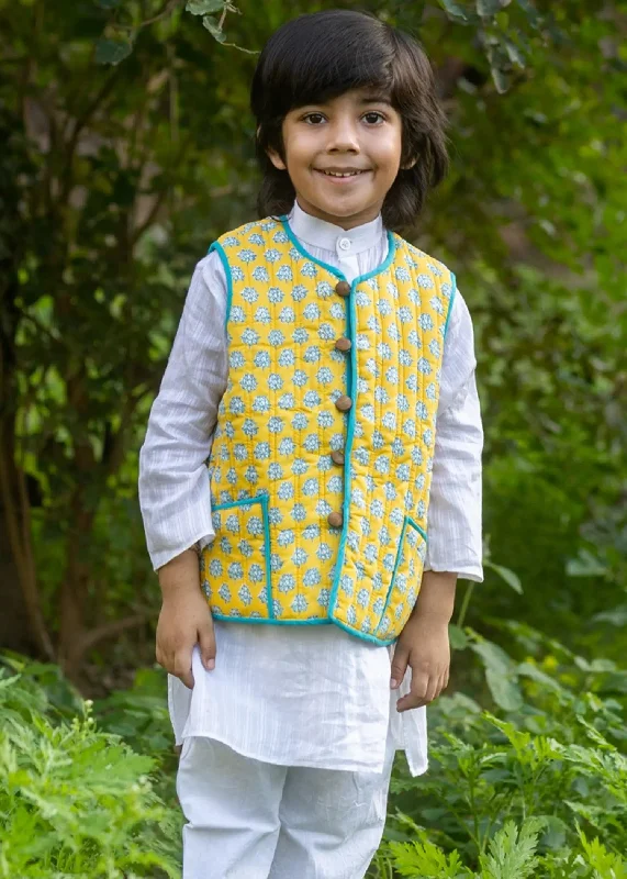 Lotus/Sesame Yellow 100% Cotton Reversible Bundi Jacket Unisex (0-12 Years)Ribbed Cuff Jackets