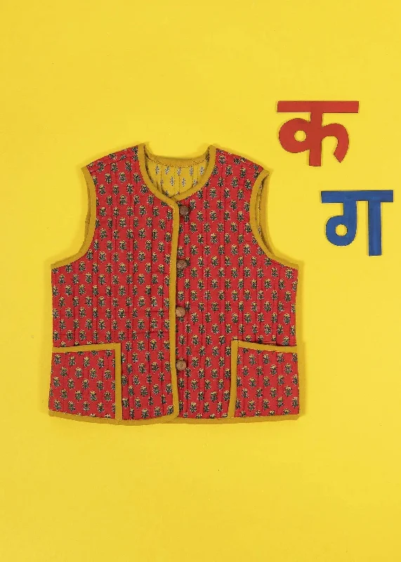 Red and Yellow Quilted 100% Cotton Reversible Bundi Unisex (1-3 Years)Cropped Jackets