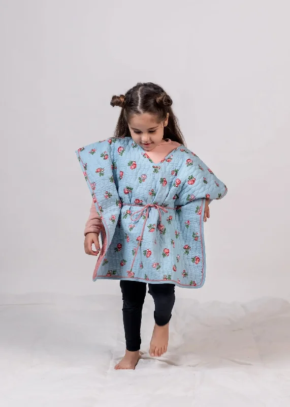 Rose Floral Skyblue Cotton Quilted Poncho Girls (2-14 Yrs)Fringed Jackets