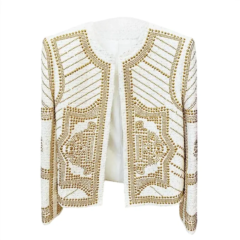 Women's Emilia Tweed Metal Stud Jacket In WhiteLeather-Paneled Jackets