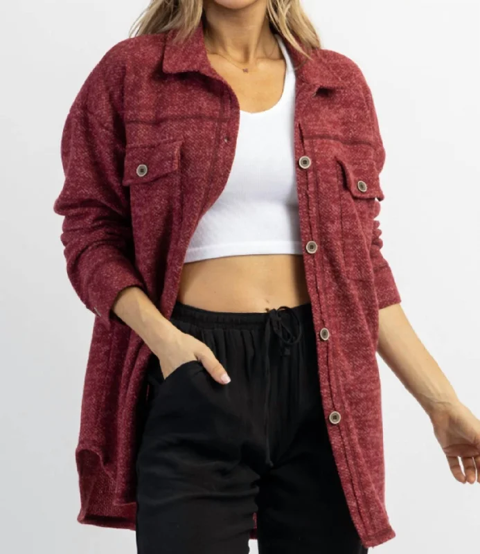 Woodstock Relaxed Shirt Jacket In BurgundyThermal Jackets