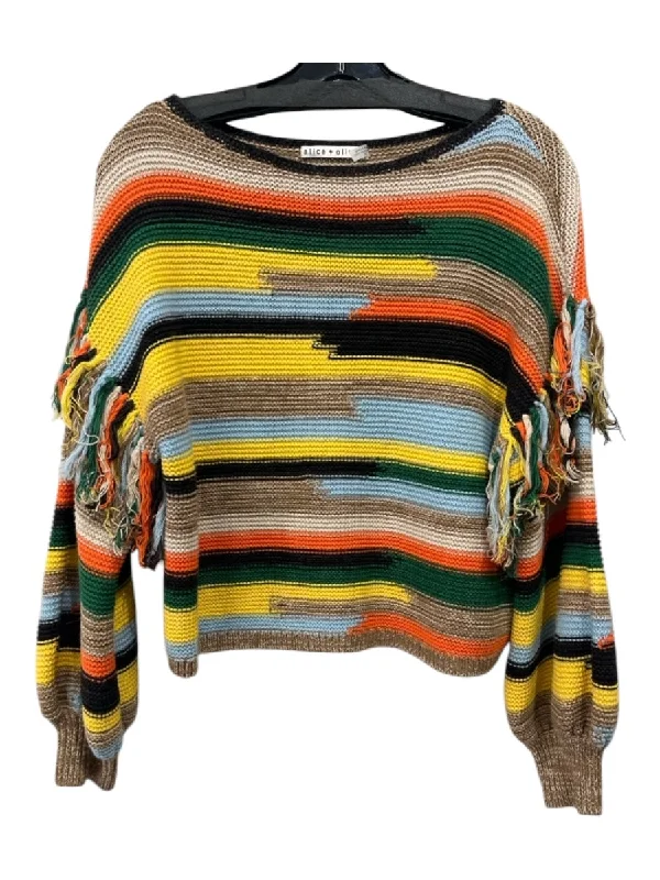 Lace-Up Knit TopsAlice + Olivia Size S Multicolor Cotton & Acrylic Fringe Striped Crochet Sweater