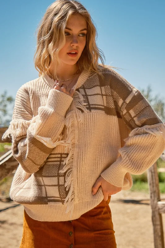 Embellished Knit TopsAnd The Why Plaid Pattern Color Block Fringe Sweater