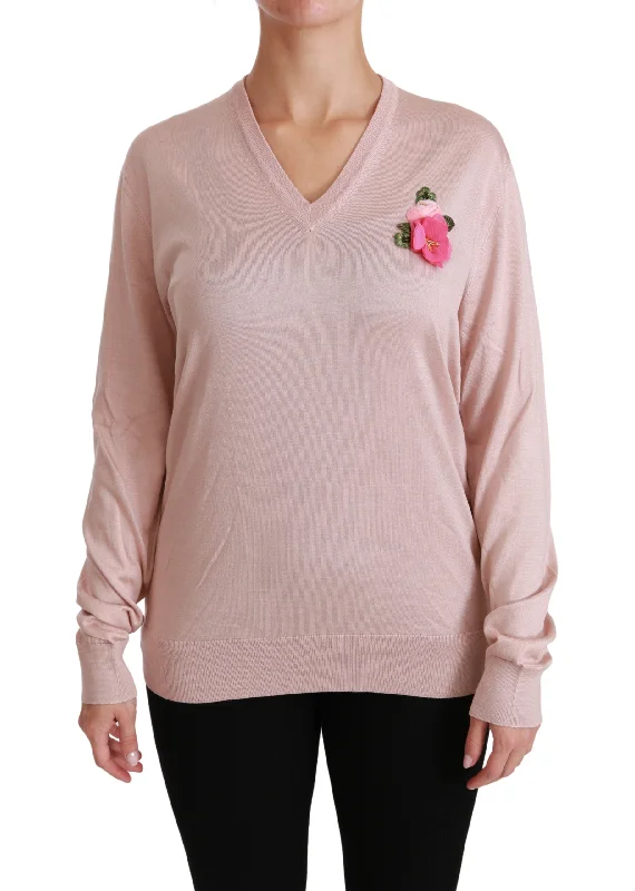 Off-Shoulder Knit TopsDolce & Gabbana  Women's Floral Embroidered Silk Sweater - Pink