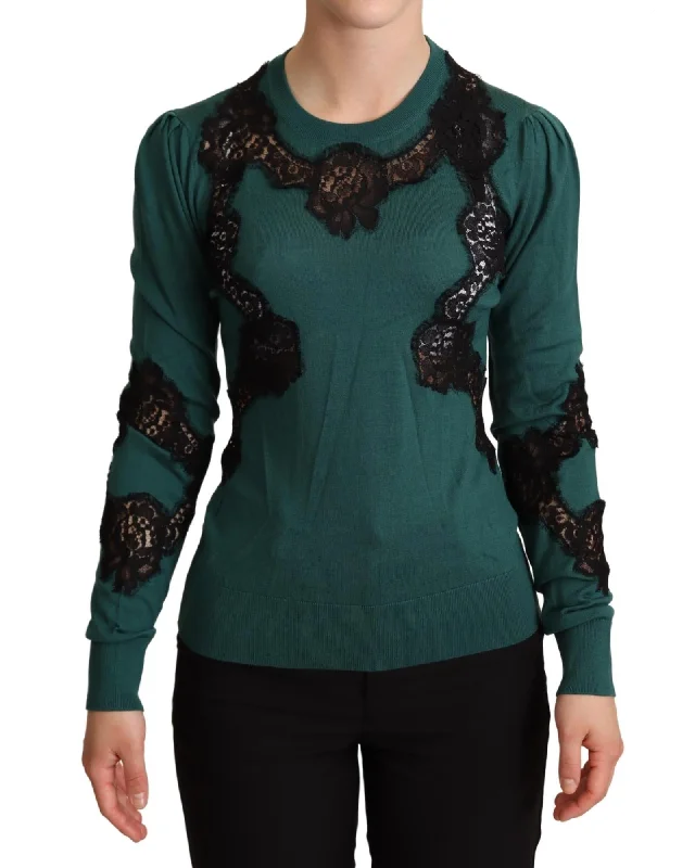 Mohair Knit TopsDolce & Gabbana  Women's Green Lace Trimmed Sweater