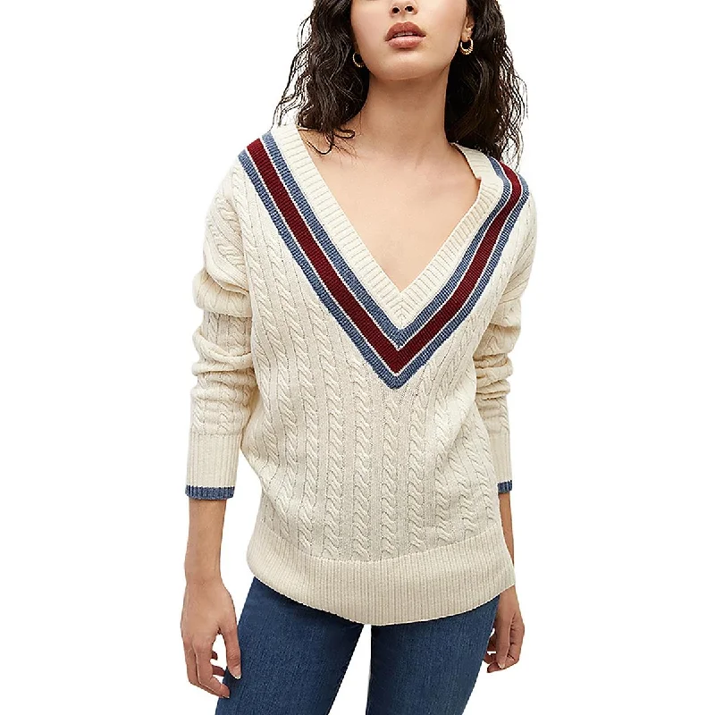 Sequined Knit TopsWomens Cable-Knit Ribbed Trim V-Neck Sweater