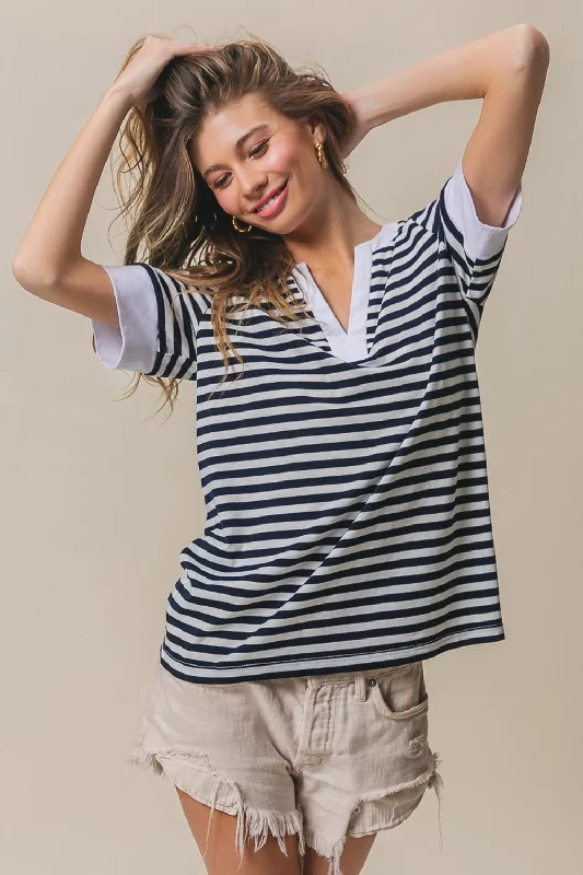 Cashmere Knit TopsBiBi Contrast Striped Notched Knit Top