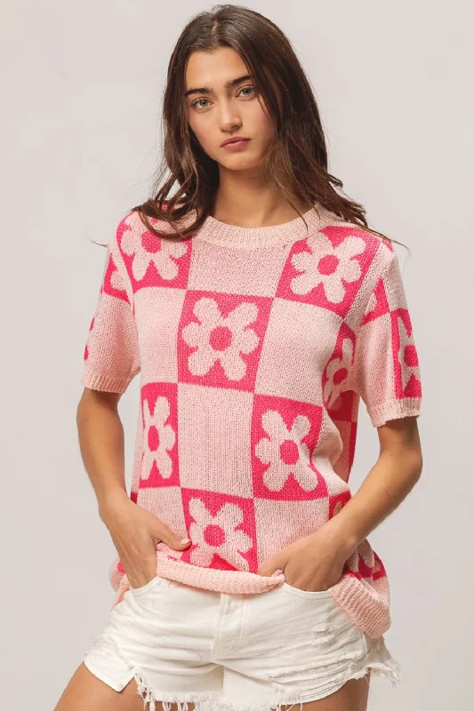 Asymmetrical Knit TopsBiBi Flower Checker Pattern Short Sleeve Sweater