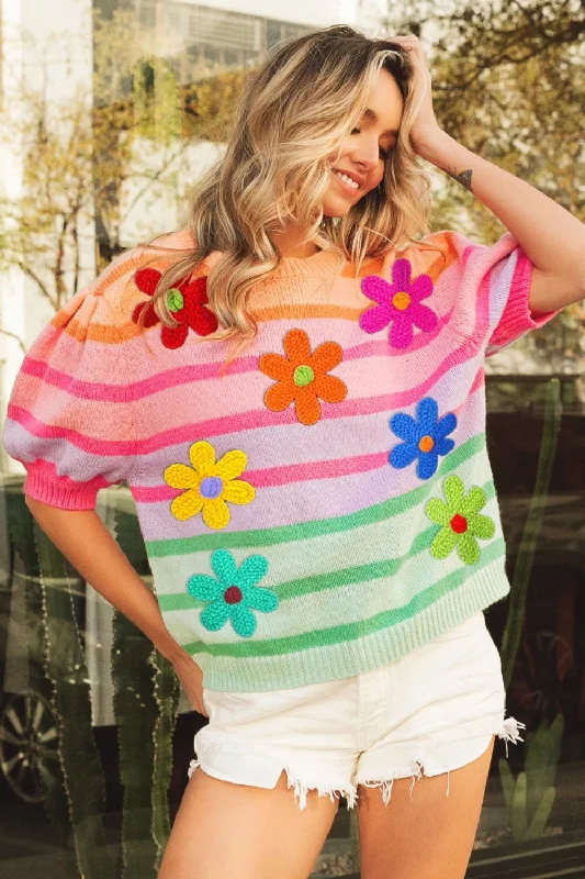 Hunting Knit TopsBiBi Flower Patch Puff Sleeve Striped Sweater