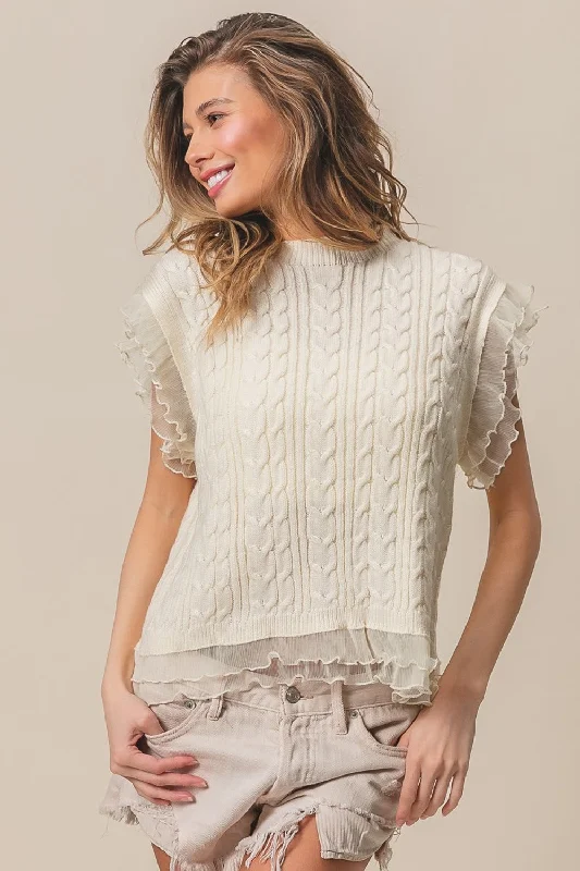 Zippered Knit TopsBiBi Layered Pleat Chiffon Edge Cable Knit Top