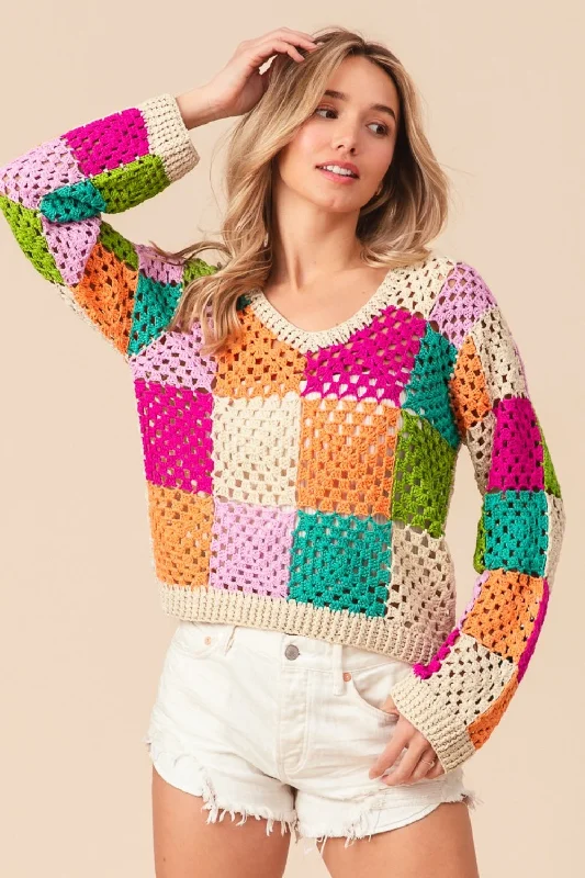 Cycling Knit TopsBiBi Multi Color Checkered Long Sleeve Knit Top