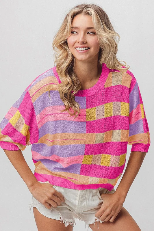 Performance Knit TopsBiBi Multi Color Striped Round Neck Knit Top