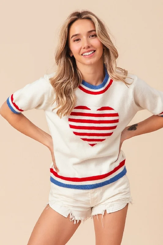 Hip-Hop Knit TopsBiBi US Flag Theme Striped Heart Sweater