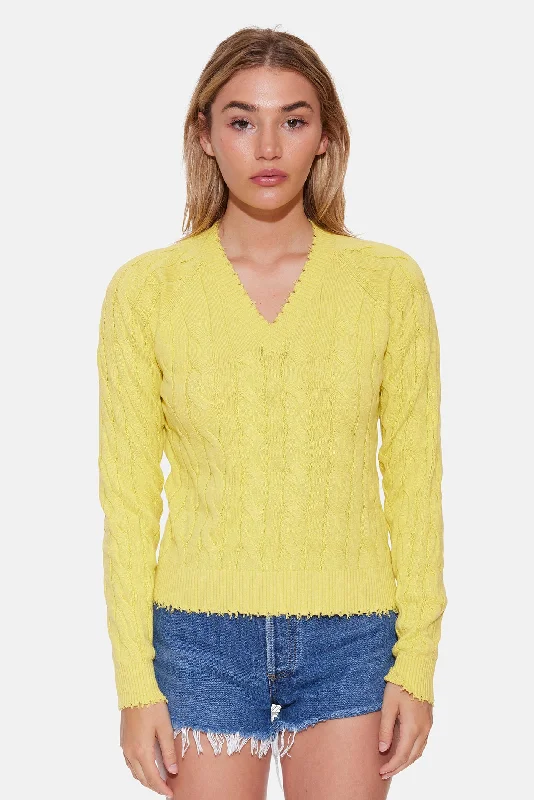 Graphic Knit TopsAmber Cable V Neck Sweater Bright Yellow