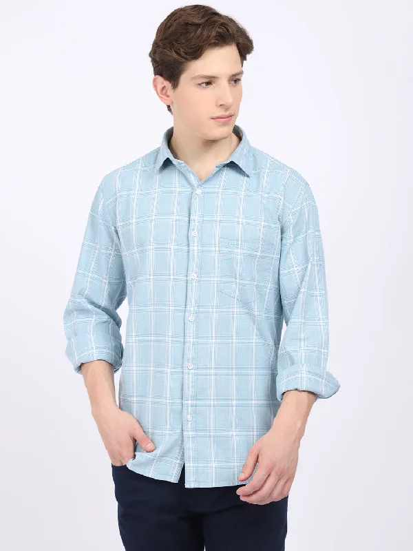 Leather-Paneled Knit TopsMen's Sky Blue Casual Medium Checks Full Sleeve Shirt