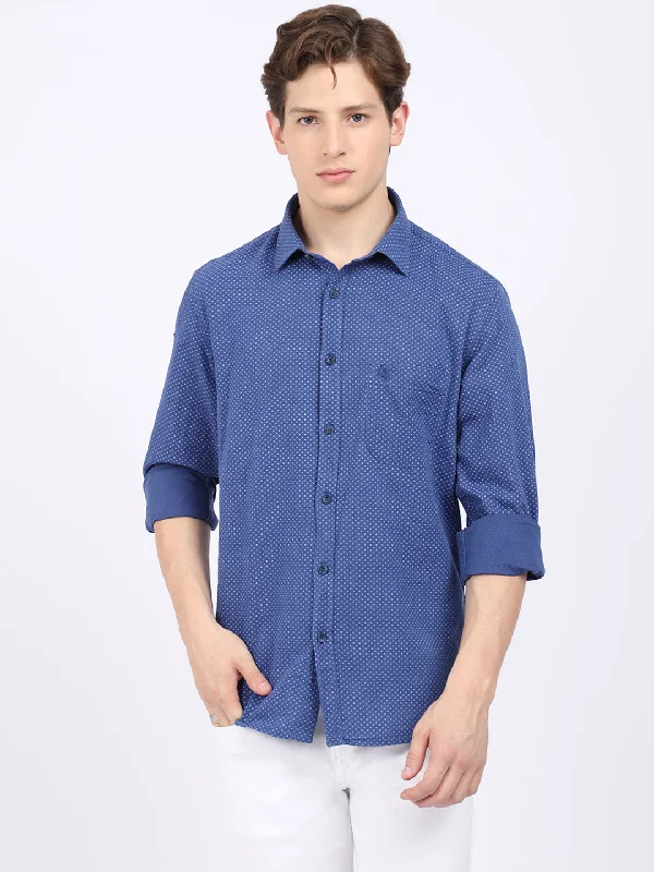 Beaded Knit TopsMen's Navy Blue Casual Geometric Print Full Sleeve Shirt