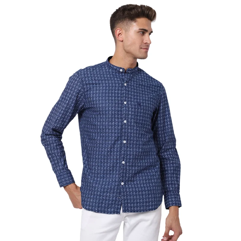 Summer Knit TopsMen's Navy Blue Casual Geometric Print Full Sleeve Shirt